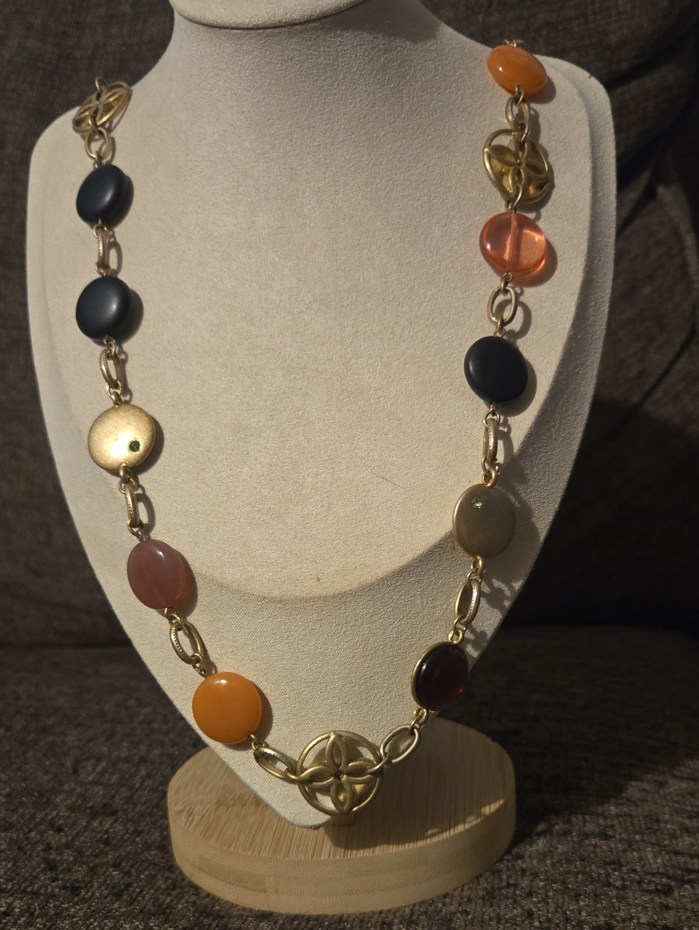Vintage Stamped "R" Multi-Color Disc and Chain Necklace - Antique Gold Tone💫